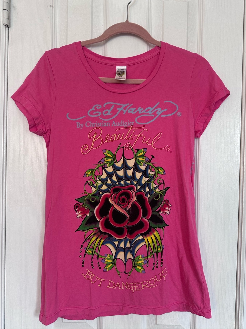 VTG Rare Y2K Ed Hardy Pink Graphic Tee with Rose & Web Motif